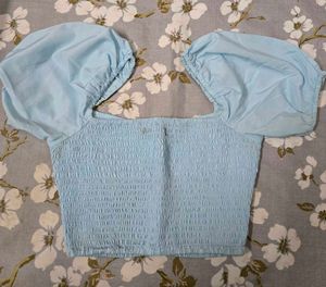 Light Blue Puff Sleeve Smocked Crop Top