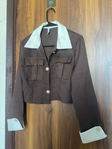 Brown Cropped Jacket with White Collar