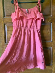 Coral Ruffled Spaghetti Strap Dress