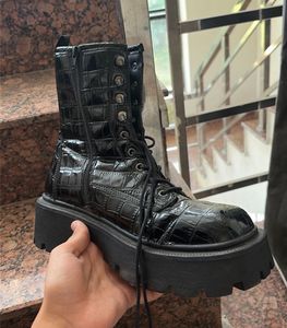 Black Crocodile Texture patent Chunky Boots