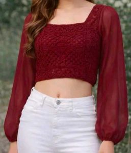 Maroon Crochet Crop Top with skirt and waist chain
