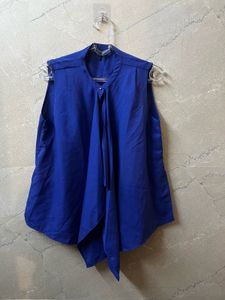 Vibrant Blue Sleeveless Tie-Neck Blouse