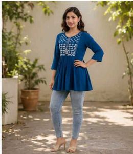 Stylish Blue Embroidered Kurti Top-All size Availa