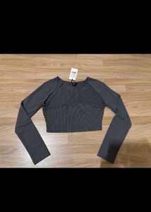 Grey Striped Ribbed Crop Top