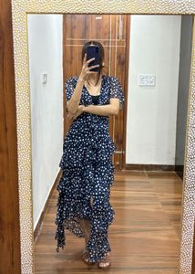 Navy Blue Polka Dot Ruffle detailing Maxi Dress