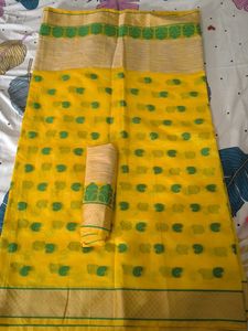 Yellow &amp; Green Cotton Saree