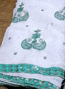 Stunning White &amp; Teal Sequined Saree