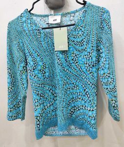 H&amp;M Blue Floral Print Lace Trim Top - XS/S
