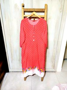 Charming Red Polka Dot Kurta with Floral Hem Size-