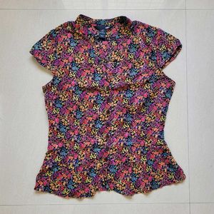 Vibrant Floral Print Peplum Style Shirt