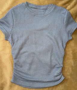 Blue Waffle Knit Ruched T-Shirt