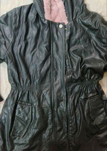 Black Faux Leather Parka with Pink Fur Trim