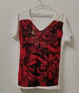 Distressed Graphic Print V-Neck Tee