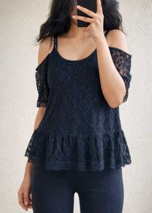 Black Lace Cold Shoulder Peplum Top