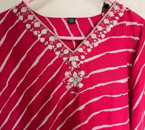 Vibrant Pink Striped Kurta with Embellished Neckli