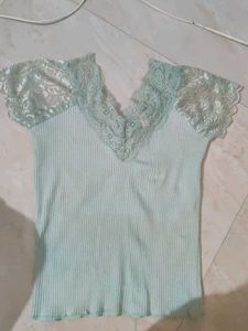 Light Blue Lace Trim Ribbed Top