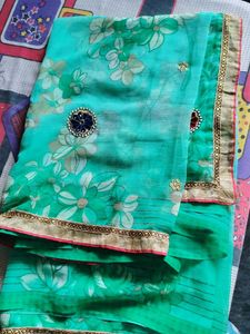 Beautiful Teal Saree with Floral Print
