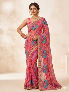 Vibrant Leheriya Saree with Floral Embroidery