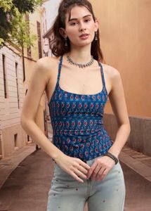 Blue Printed Halter Neck Tank Top