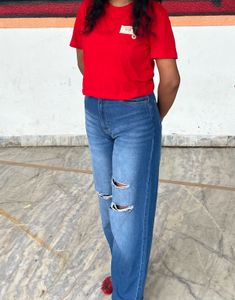 Ripped Wide Leg Blue Jeans