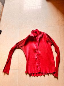 Red Pleated Long Sleeve Top
