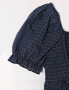 Chic Blue Plaid Puff Sleeve Top
