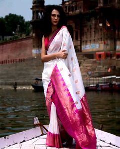 Elegant White Saree with Pink Border