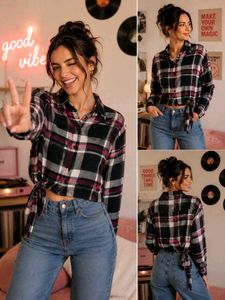 Chic Plaid Tie-Front Cropped Shirt