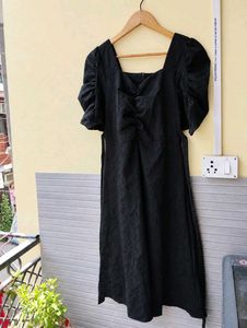 Chic Black Puff Sleeve Ruched Dress (Women)