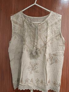 embroidered beige short kurti