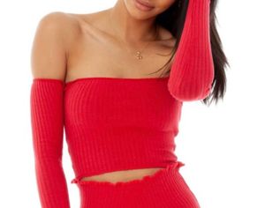 Red Ribbed Tube Top with detachable sleeves