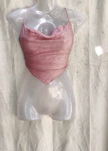 I. Sparkly Pink Cowl Neck Halter Top