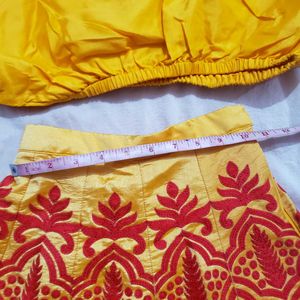 Yellow &amp; Red Embroidered Lehenga Set