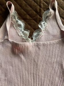 Pink Ribbed Cami with Lace Trim