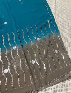 Elegant Embellished Saree - Teal and Brown