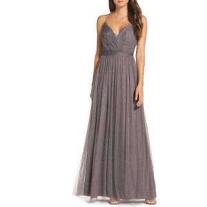 Elegant Gray Formal Gown flared net mesh