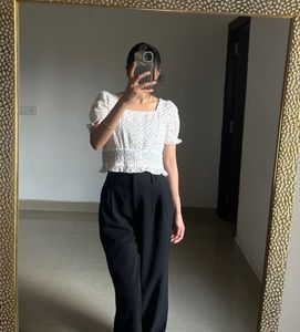 White Polka Dot Puff Sleeve Crop Top