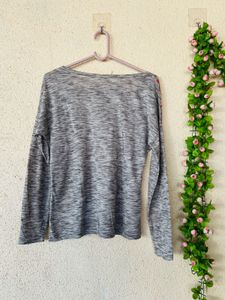 Grey Long Sleeve Top with Embroidered Neckline