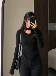 Black Ribbed Fringe Bandage Top