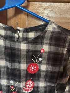 Plaid Floral Embroidered Top