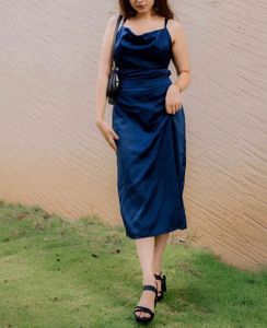 Tie up Navy Blue Satin Midi Dress