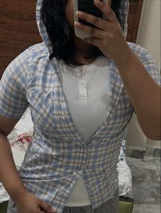 Blue Plaid Button-Up Shirt with Hood