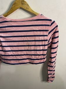 Pink Striped Cropped Long Sleeve Top