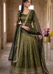 Olive Green Embroidered Lehenga Set