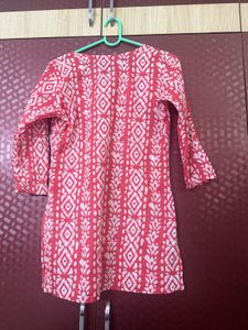 Red &amp; White Block Print Cotton Kurta