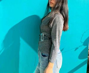 Sparkly Wrap Top with Buckle Detail