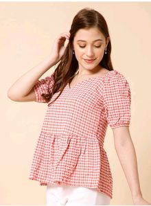 Gingham print pink peplum top