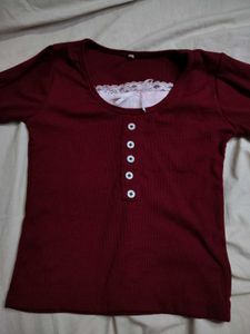 Maroon Lace Trim Henley Top