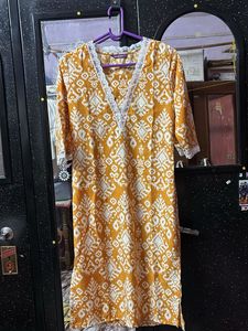 Yellow Printed Kurta Set with Lace Trim
