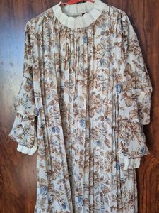 Floral Print Pleated Gown with Lace
